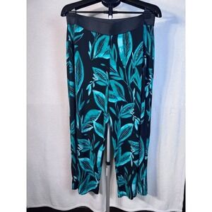 EUC silky black green stretchy leaf vacation cruise island pants Size L/XL